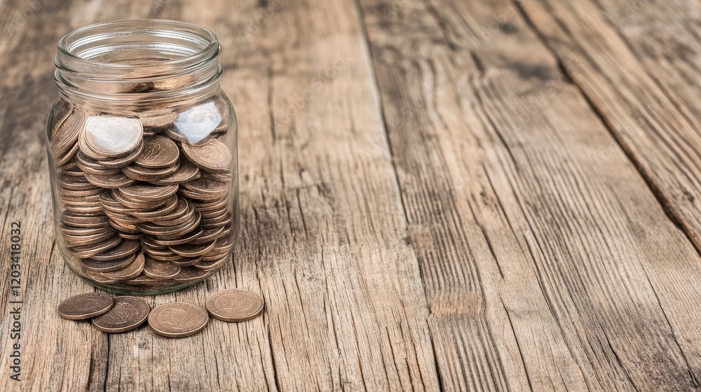 Naklejka premium Glass Jar Filled with Coins on Wooden Table
