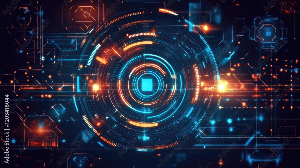 A glowing abstract electronic design with geometric shapes and vibrant colors, offering room for text. A glowing abstract electronic design with geometric shapes and vibrant colors, offering room for text.