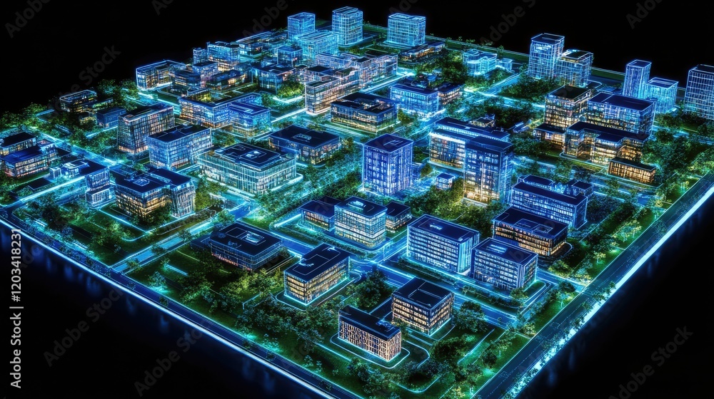 Obraz premium A glowing conceptual blueprint of a futuristic urban area featuring interconnected smart solutions. Copy space.