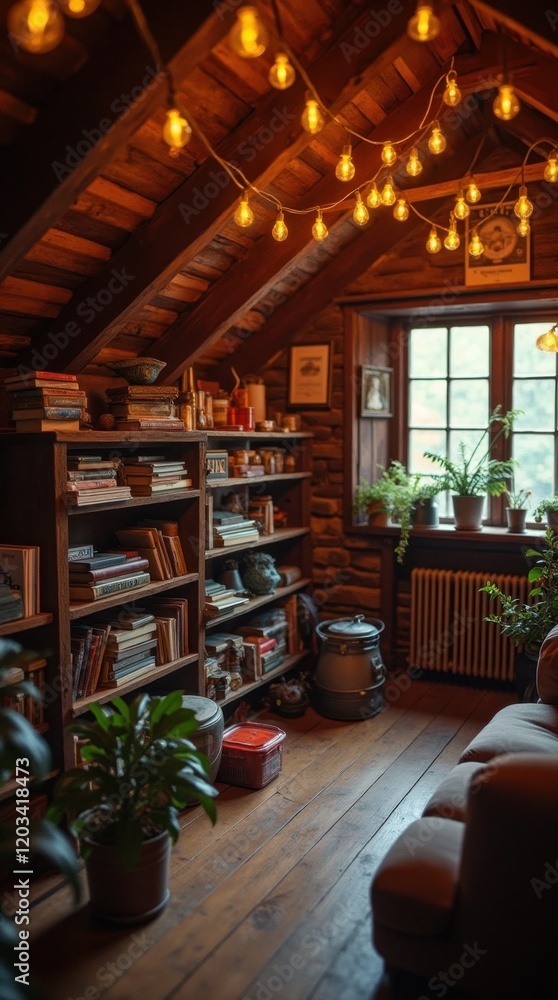 Cozy Attic with String Lights and Nostalgic Items Cozy Attic with String Lights and Nostalgic Items