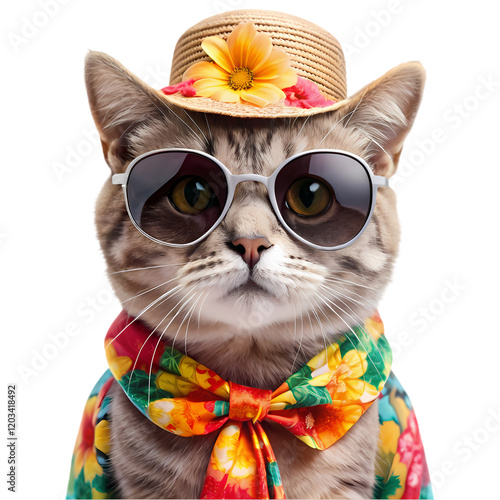 Stylish Cat Summer Fashion Sunglasses Hat Tropical Shirt Pet red cute cool grey funny style happy    photo