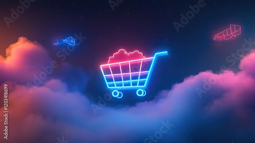 A glowing Shopee logo positioned above a sale banner with soft blue and pink tones, framed by abstract light patterns, creating a modern shopping experience theme. photo