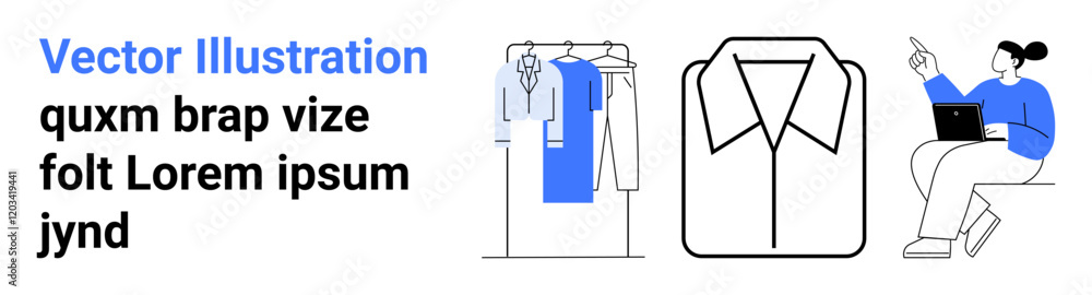 Fashion designer working on laptop, clothing hung on a rack, and drawn shirt design on white background. Ideal for fashion, design, creativity, apparel industry, textile studies, online courses Fashion designer working on laptop, clothing hung on a rack, and drawn shirt design on white background. Ideal for fashion, design, creativity, apparel industry, textile studies, online courses