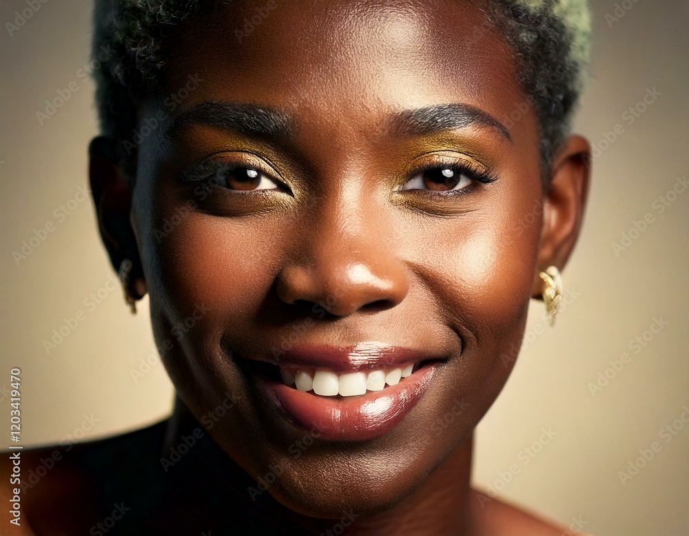 A close-up portrait of a Black transgender woman, with natural makeup and a serene expression. A close-up portrait of a Black transgender woman, with natural makeup and a serene expression.