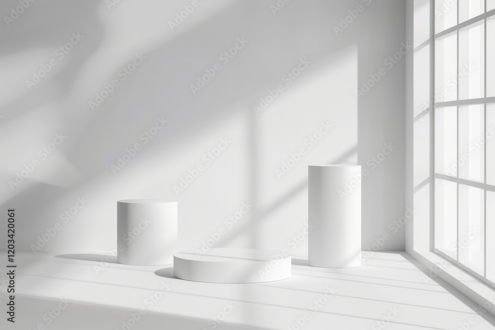 Fototapeta premium white cylinder podium platform advertisement display product show backgrounds abstract leaf shadow light concrete cement mockup place summer 3d empty space soft light from window