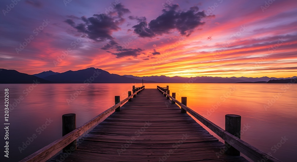 Long Pier Leading Out onto Lake at Sunrise Generative AI Long Pier Leading Out onto Lake at Sunrise Generative AI
