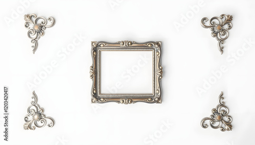 Set of rectangle Decorative vintage silver-plated wooden frame isolated on white background, craft clay