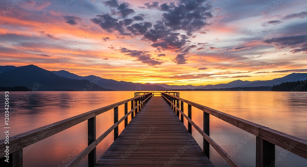 Fototapeta premium Long Pier Leading Out onto Lake at Sunrise Generative AI