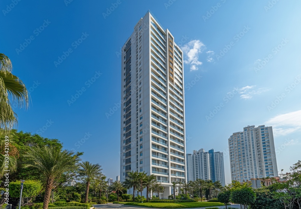 Modern high-rise residential building surrounded by lush greenery in an urban setting under a bright blue sky with scattered clouds, depicting contemporary architecture and city lifestyle. Modern high-rise residential building surrounded by lush greenery in an urban setting under a bright blue sky with scattered clouds, depicting contemporary architecture and city lifestyle.