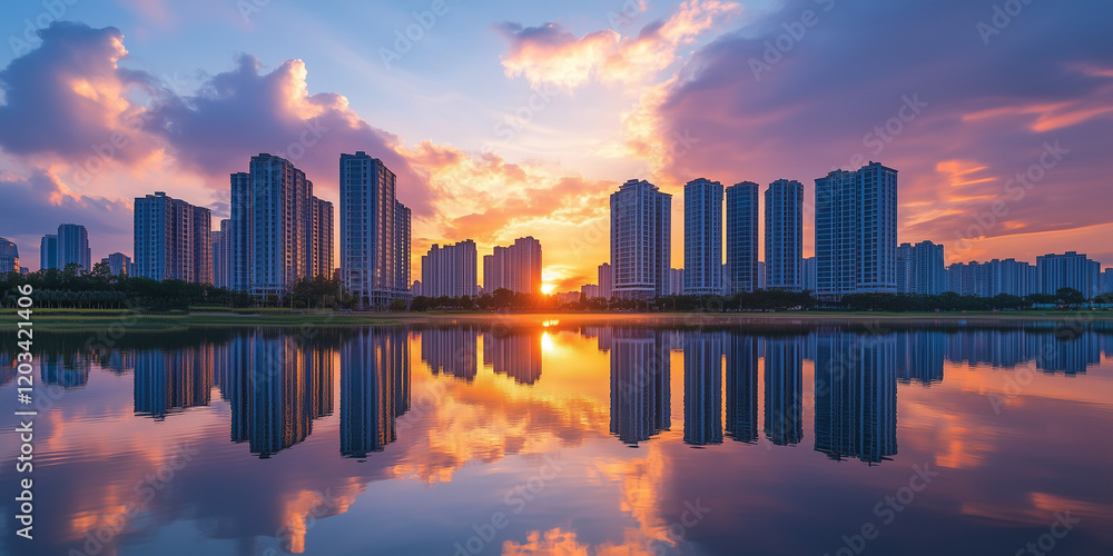 Obraz premium City Skyline with Skyscrapers and Sunset Reflection on Water