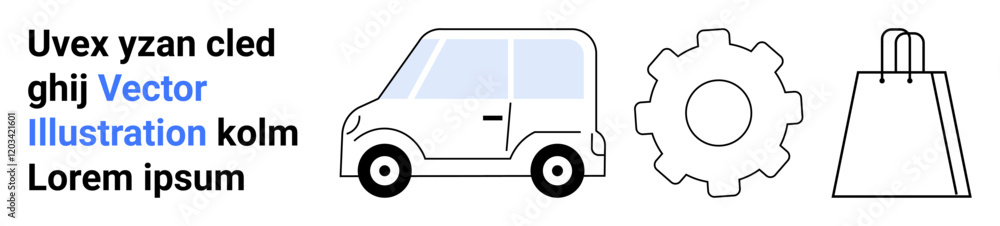 Compact car outline, gear image, and shopping bag vector grouped with placeholder text on the left side. Ideal for automotive, eCommerce, technology, mechanics, retail, advertising and educational Compact car outline, gear image, and shopping bag vector grouped with placeholder text on the left side. Ideal for automotive, eCommerce, technology, mechanics, retail, advertising and educational