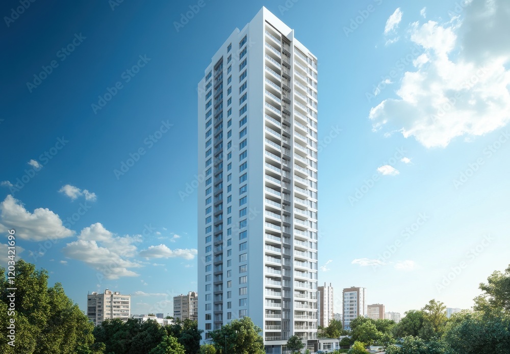 Modern residential skyscraper towering against a blue sky with fluffy clouds, surrounded by greenery, showcasing contemporary architecture and urban living lifestyle Modern residential skyscraper towering against a blue sky with fluffy clouds, surrounded by greenery, showcasing contemporary architecture and urban living lifestyle