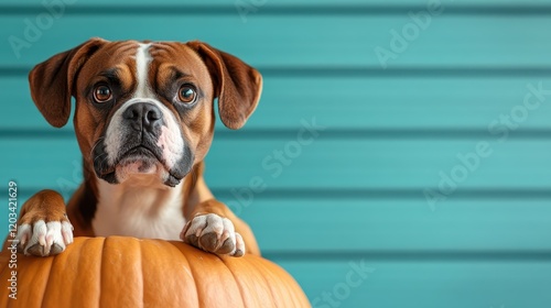 In a striking close-up, a dog rests on a pumpkin in front of a bright blue background, highlighting the animal's expressive features and playful attitude. photo