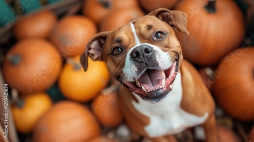 A smiling dog surrounded by an array of pumpkins captures the joy of the fall season, illustrating the warmth and celebration that comes with autumn festivities. photo