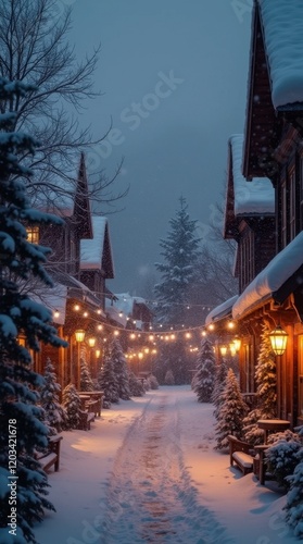 Cozy Village Square in a Quiet Snowfall