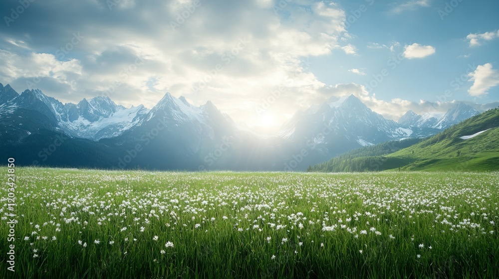 Fototapeta premium Alpine Serenity with Blooming Edelweiss, Majestic Peaks Framing a Vibrant Meadow Scene
