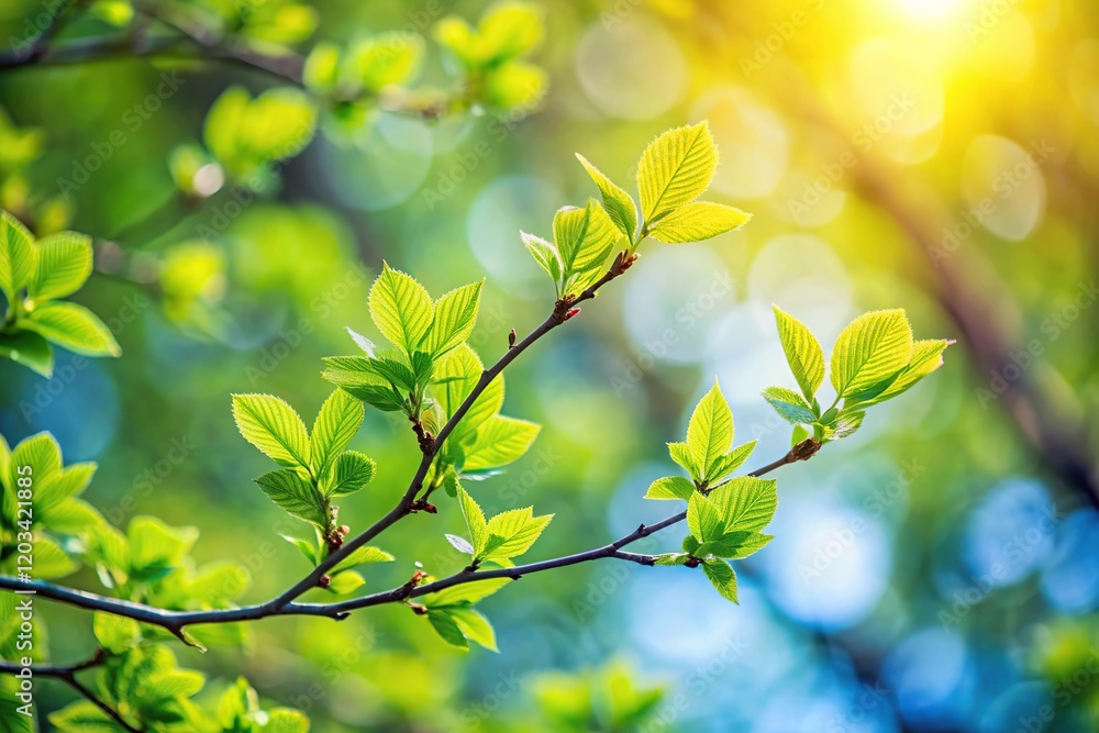 Fototapeta premium Tree Branch with Spring Leaves and Bokeh Background