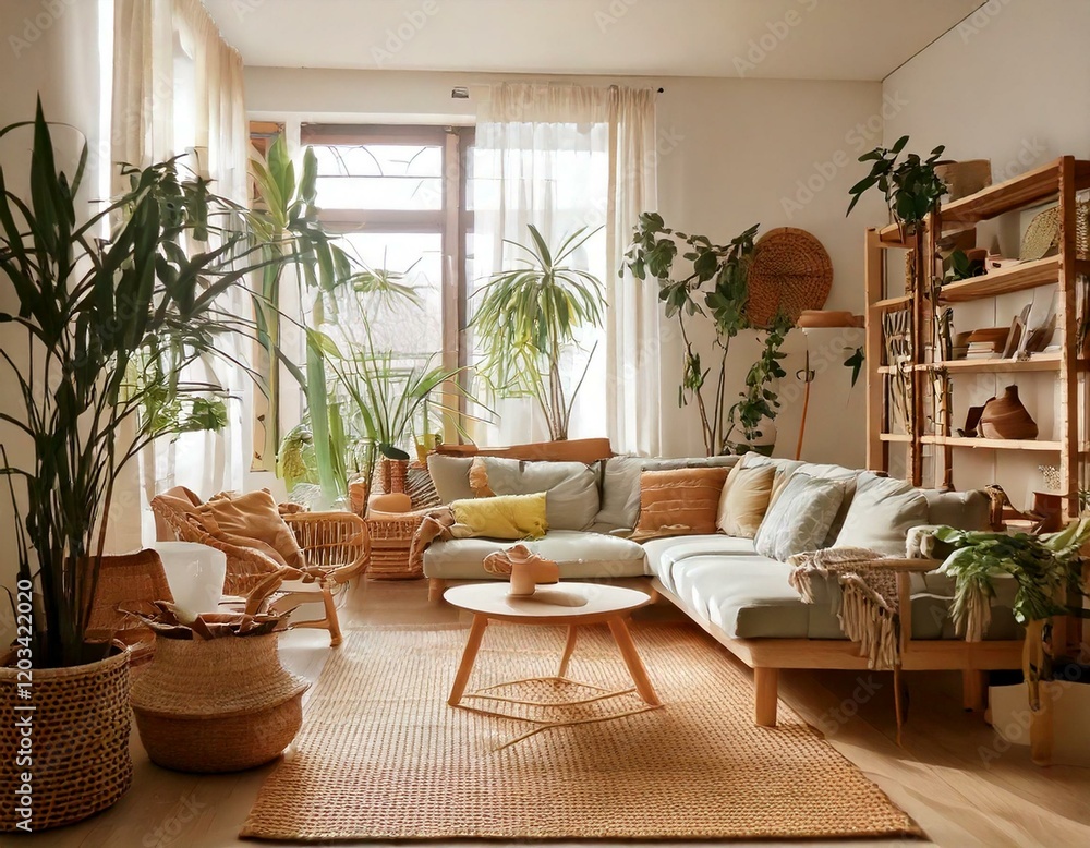 A cozy living room with eco-friendly decor, featuring indoor plants, bamboo furniture, and soft lighting. A cozy living room with eco-friendly decor, featuring indoor plants, bamboo furniture, and soft lighting.