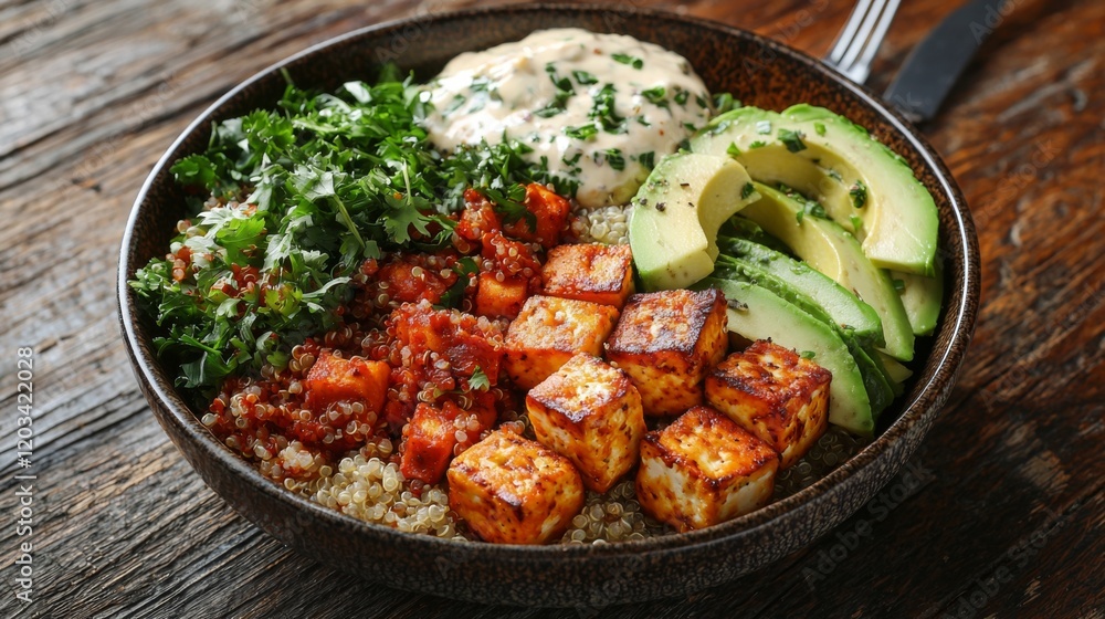Vibrant Buddha bowl with quinoa avocado tofu and tahini Vibrant Buddha bowl with quinoa avocado tofu and tahini