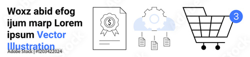 Business certificate, cloud with gear and documents, shopping cart with notification badge. Ideal for business solutions, cloud services, e-commerce, certification, document management, workflow