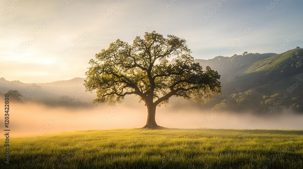 Fototapeta premium Majestic oak tree stands tall in a serene meadow, enveloped in gentle morning mist, inviting tranquility and reflection.