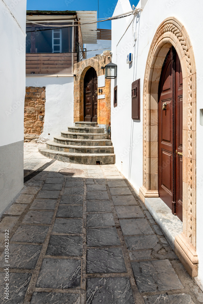 Naklejka premium Beautiful medieval architecture of Lindos town in Rhodes, Greece.