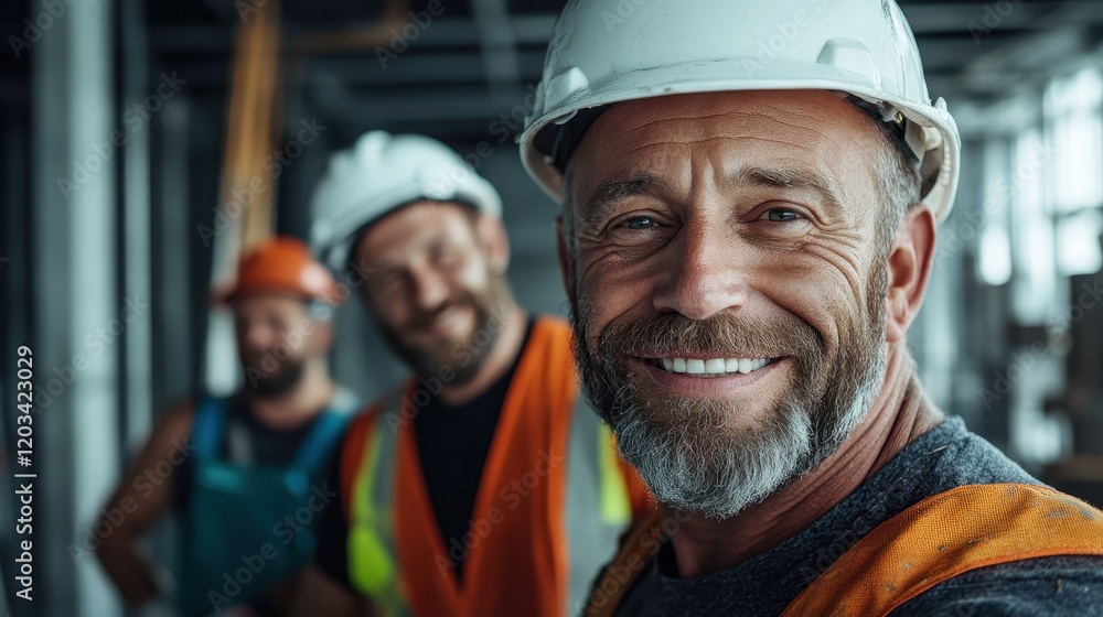 Two friendly construction workers share glances and smiles, showcasing their positivity and dedication at the building site, depicting a supportive work environment and mutual respect. Two friendly construction workers share glances and smiles, showcasing their positivity and dedication at the building site, depicting a supportive work environment and mutual respect.