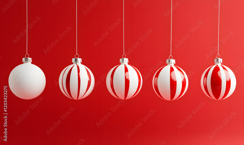 Red and White Christmas Ornaments on Red Background Red and White Christmas Ornaments on Red Background