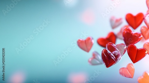 Red hearts gently float against a soft blue background creating a romantic pastel ambiance. AI Generated