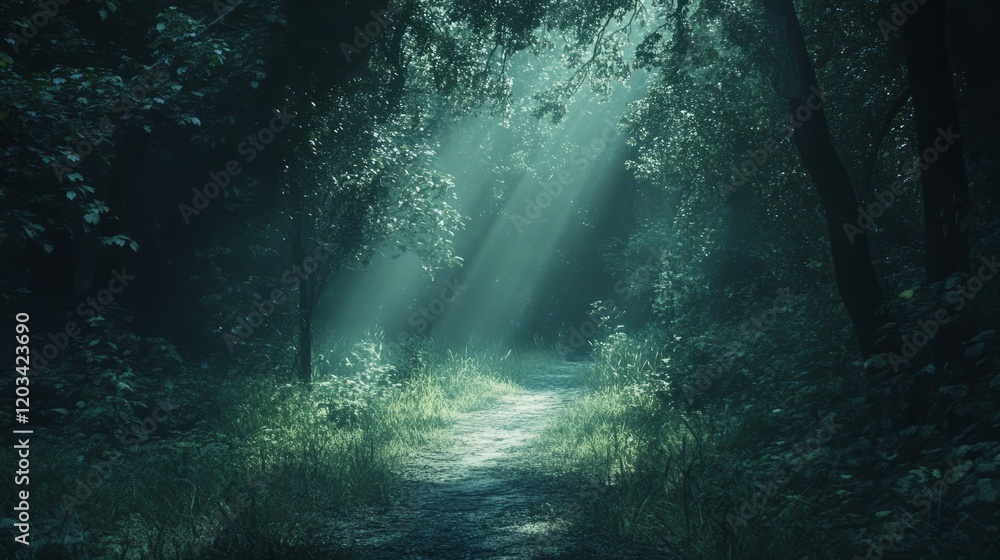 Fototapeta premium Empty forest path with sunlight streaming through, central copyspace