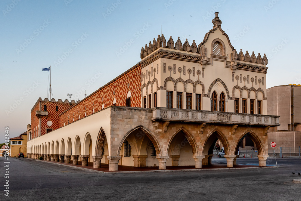 Fototapeta premium Governor's Palace in Rhodes at sunrise, Greece, built in 1927 in Venetian style. It now houses the offices of the Prefecture of the Dodecanese.
