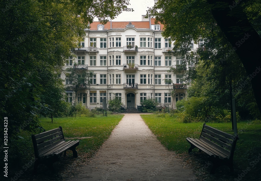 Obraz premium Serene Urban Park with Benches Framing Elegant Historical Building Surrounded by Lush Greenery and Pathway in a Peaceful City Setting