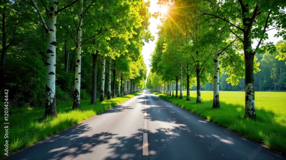 Sunlit Asphalt Roadway Lined with Lush Green Trees Sunlit Asphalt Roadway Lined with Lush Green Trees