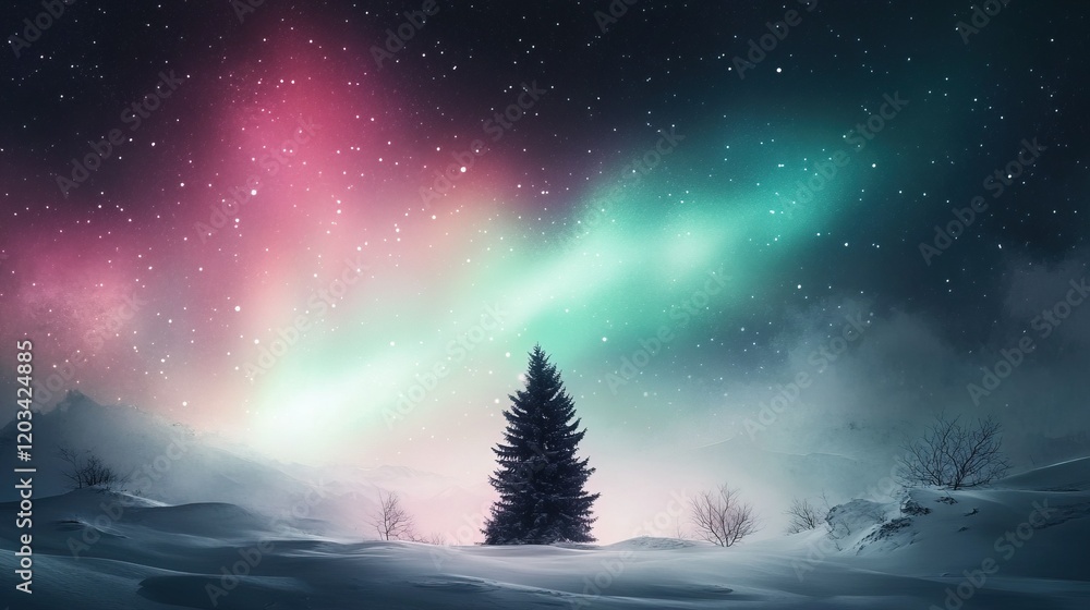 Naklejka premium Aurora Dance Above Snowy Expanse, vibrant green and pink lights illuminating a tranquil winter scene, nature's breathtaking spectacle