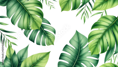 Green tropical leaves on white background. Watercolor hand painted seamless border. Floral tropic illustration. Jungle foliage pattern, close-up