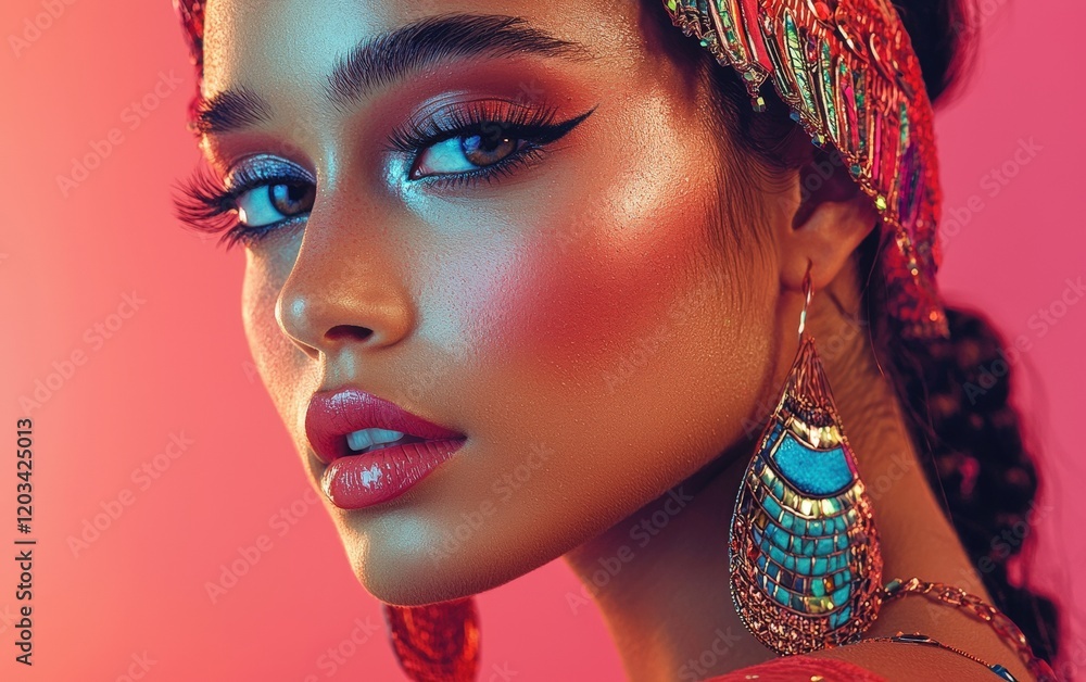 Obraz premium A bold close-up of a woman with intricate makeup, surrounded by a soothing pastel matte backdrop.