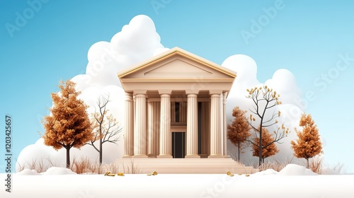 Majestic bank building adorned with golden pillars, symbolizing financial strength and prosperity in an urban landscape