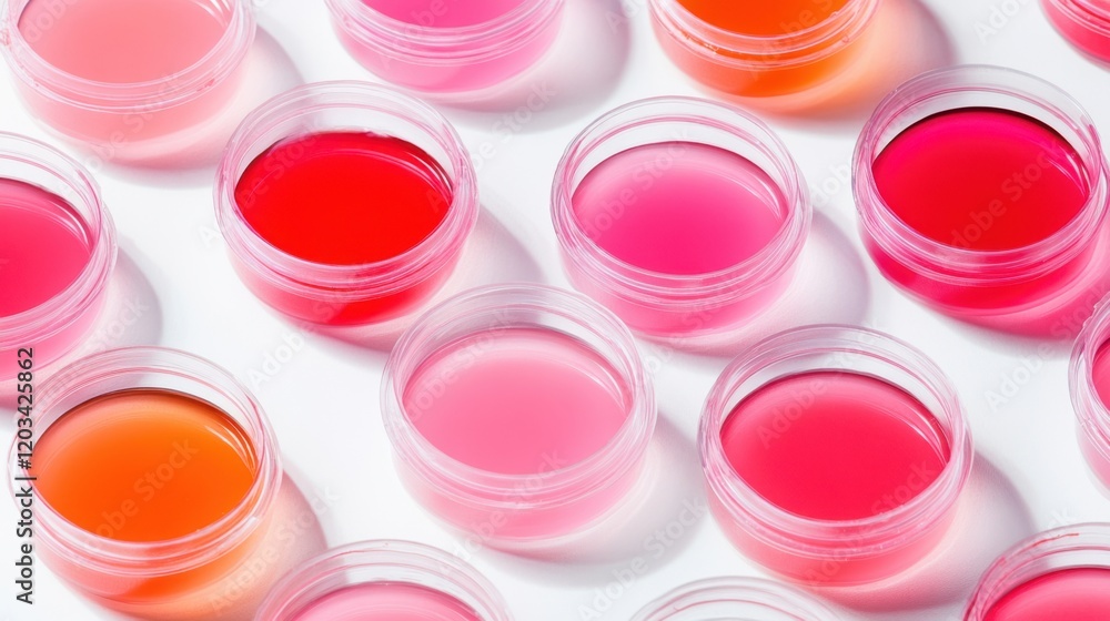 Colorful arrangement of gel-like substances in small containers, showcasing various shades and textures Colorful arrangement of gel-like substances in small containers, showcasing various shades and textures