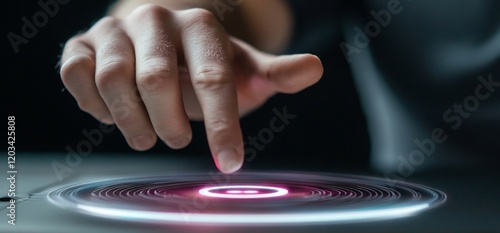 Fingertip activates glowing interface; dark background.  Tech concept photo