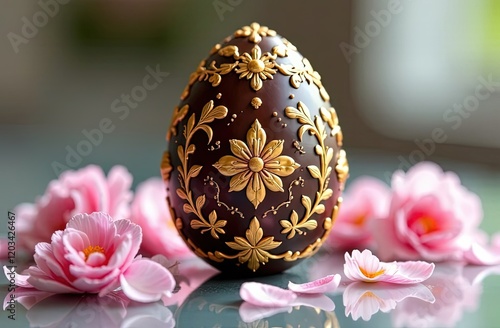 An ornate Mocha-Mousse Easter egg with intricate floral carvings and gold detailing surrounded by soft pastel flowers and petals photo