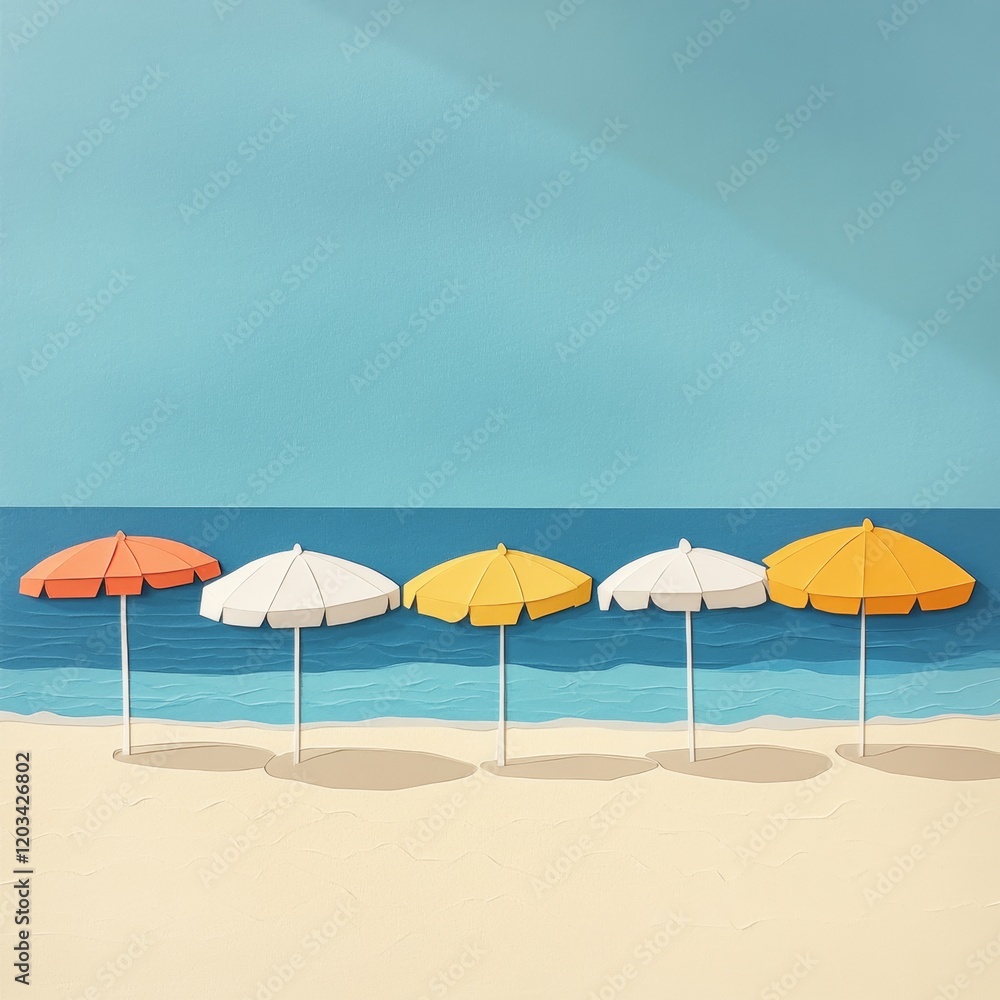 A beach scene with five umbrellas and a blue sky A beach scene with five umbrellas and a blue sky
