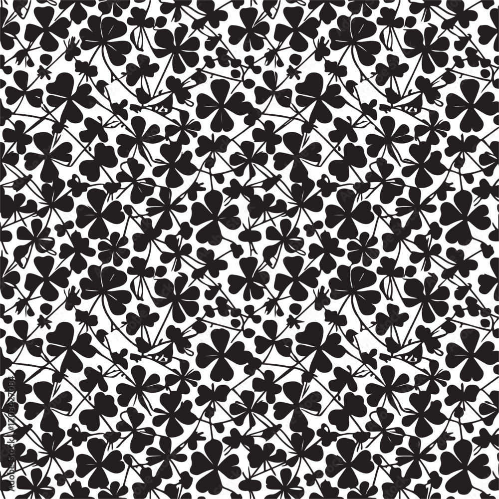 Black clover leaves on white background. St.Patrick 's Day. Isolated on white background. Abstract graphic black-white stock illustration. Template for coloring, textures and another design. Black clover leaves on white background. St.Patrick 's Day. Isolated on white background. Abstract graphic black-white stock illustration. Template for coloring, textures and another design.