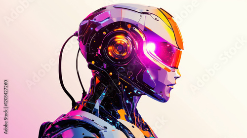 A colorful illustration of a futuristic robot with sleek, reflective metal plating, a glowing purple core