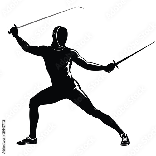 A dynamic vector silhouette of a fencer in a duel stance, poised and ready to engage 