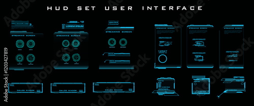 Digital electronic HUD panel with set vector holographic frames for user interface. HUD, GUI elements. Text frames. Modern dialog boxes for streaming. Interface hud set