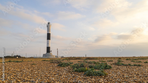 Sunrise over a single beach: Fishing boats rest on the shingle beach, bathed in the warm glow of the morning light, as the serene coastal landscape awakens