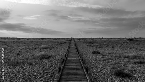 Sunrise over a single beach: Fishing boats rest on the shingle beach, bathed in the warm glow of the morning light, as the serene coastal landscape awakens