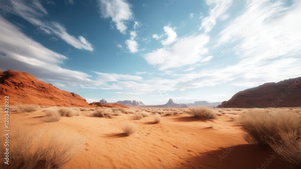 Naklejka premium Majestic Canyon Vista with Vibrant Desert Flora, Awe-Inspiring Geological Features, Expansive Blue Sky, Serene Atmosphere