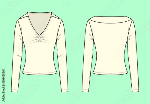 Women long sleeved V neck with collar crop top flat sketch, CAD, and outline mockup.