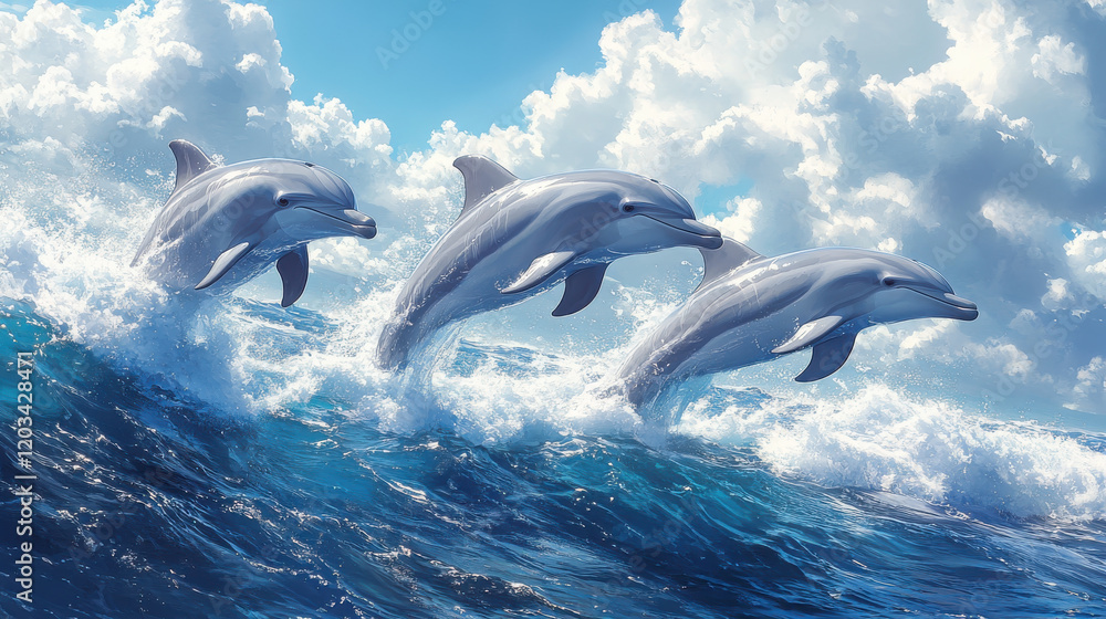 Fototapeta premium playful group of dolphins leaping out of ocean, showcasing their agility and joy against backdrop of vibrant blue water and fluffy clouds
